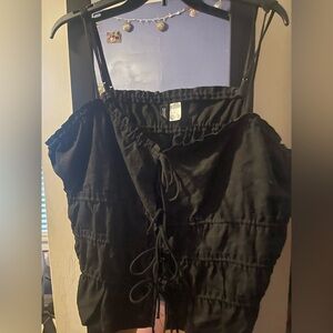 Black Smocked Tie Front Tank Top